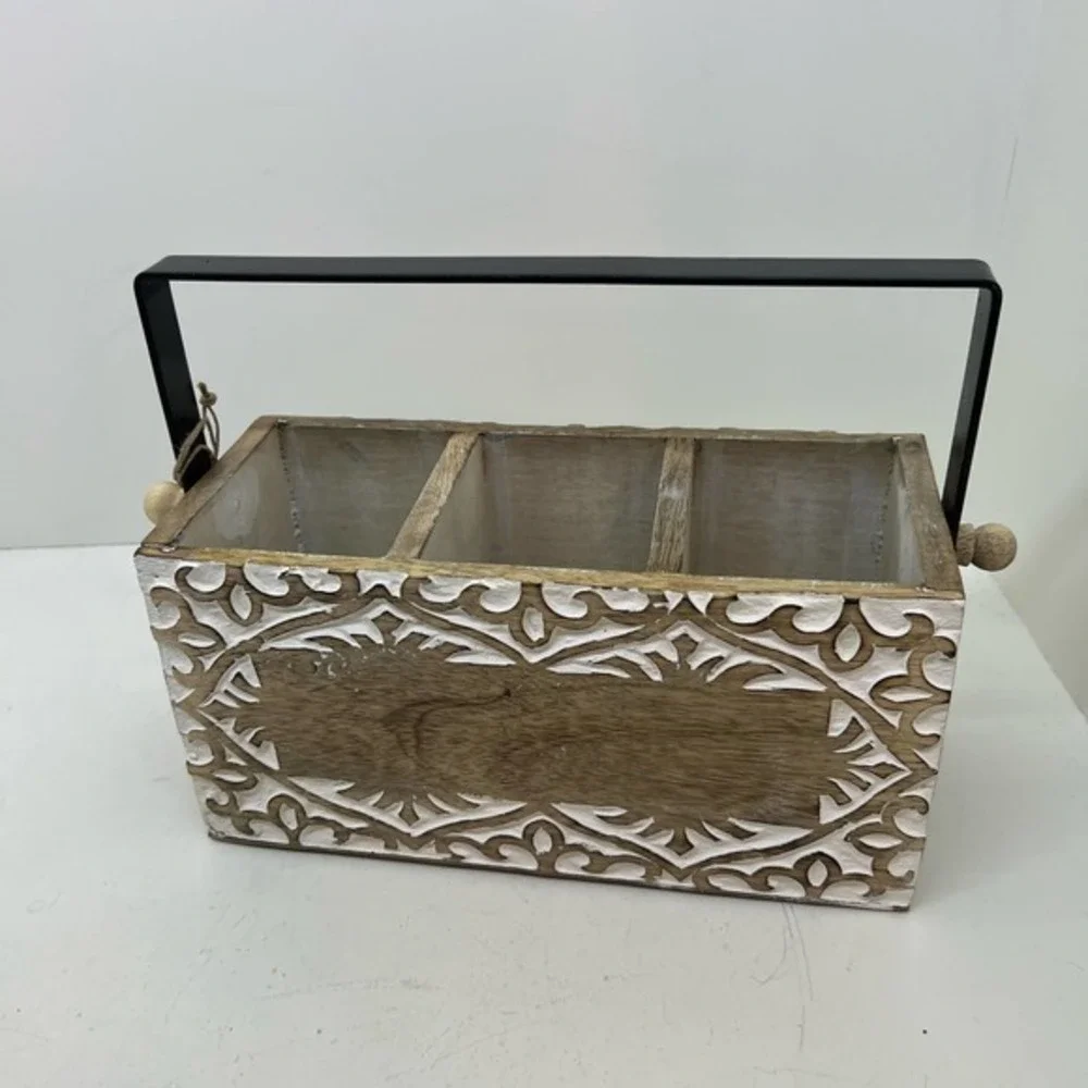 NWT Global Market farmhouse distressed white brown wood silverware caddy carved